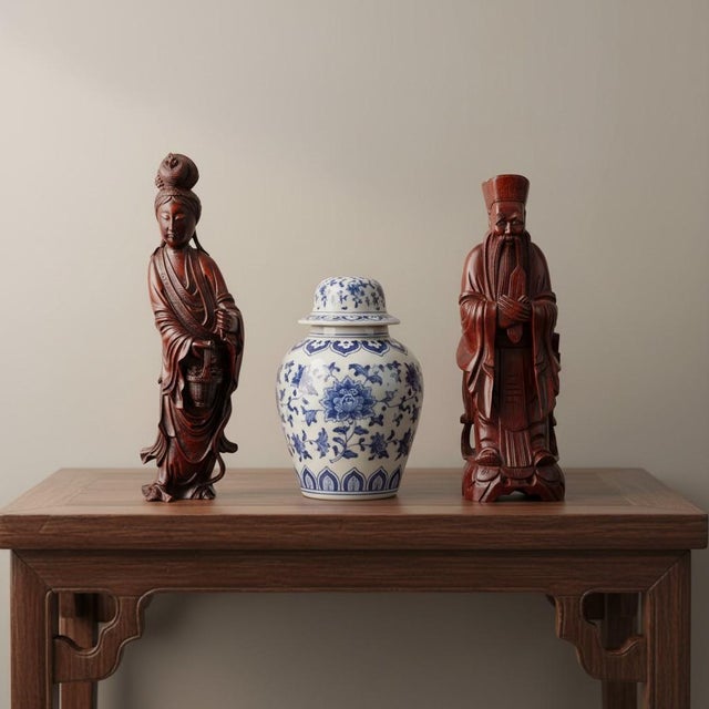 Chinoiserie Late 20th Century Hand Carved Chinese Guanyin & Scholar Figures Pair-Rosewood-Asian-Sculpture-Kwan For Sale - Image 3 of 11