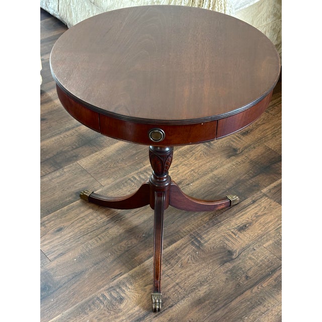 Vintage Lane Mahogany Drum Table Round Pedestal Side End Table Drawer Claw Feet For Sale - Image 9 of 11