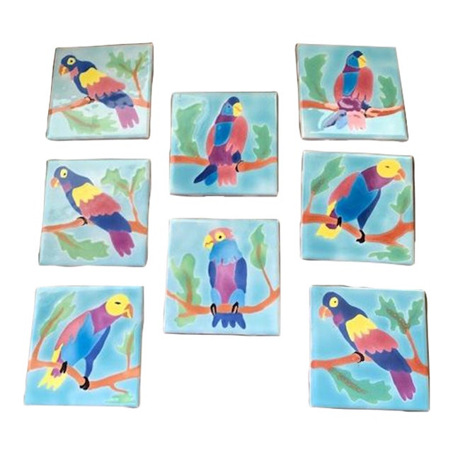 8 Country Floors Handpainted Dal 4 X 4 Tiles "Parrots" For Sale