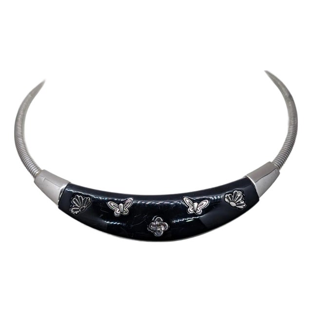 Vintage Signed Givenchy Rhodium Plated Navy Butterfly & Flower Collar Necklace For Sale