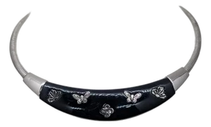 Vintage Signed Givenchy Rhodium Plated Navy Butterfly & Flower Collar Necklace