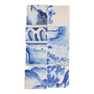 Antique Set of 8 Baroque Portuguese Tiles 18th Century Blue & White Scenic and Architectural Motifs For Sale
