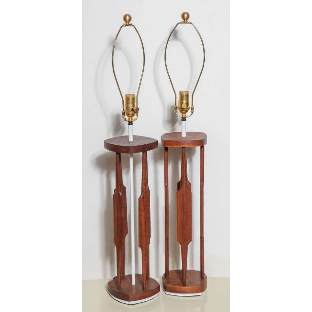 Pair Tony Paul for Westwood Industries Walnut & White "Modern Americana" Table Lamps. Featuring four sculpted, cut out...