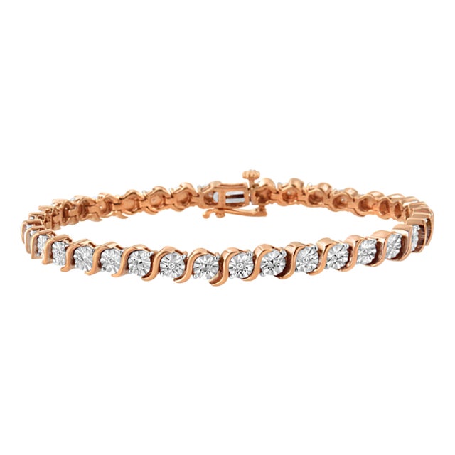 14K Rose Gold Plated .925 Sterling Silver 1/10 Cttw Diamond Round Miracle Plate and "S" Link Tennis Bracelet (I-J Color, I2- I3 Clarity) - 7" For Sale