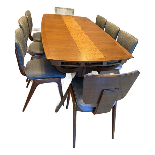 Vintage Solid Walnut Midcentury Dining Table With Eight Chairs For Sale