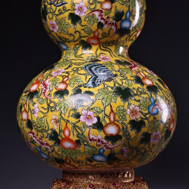 Metal Late 20th Century Gilt Bronze Cloisonné Enamel Double-Gourd Vase With Filigree Stand For Sale - Image 7 of 9