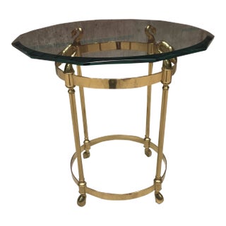 French Style Solid Brass Swans Head End Table Having Fancy Geometric Cut Top Glass Manner of Jansen For Sale