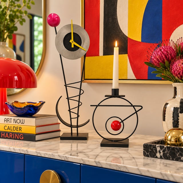 Martin Rick Martin Modern Memphis Pop Art Steel Clock & Candleholder Sculpture Set For Sale - Image 4 of 14