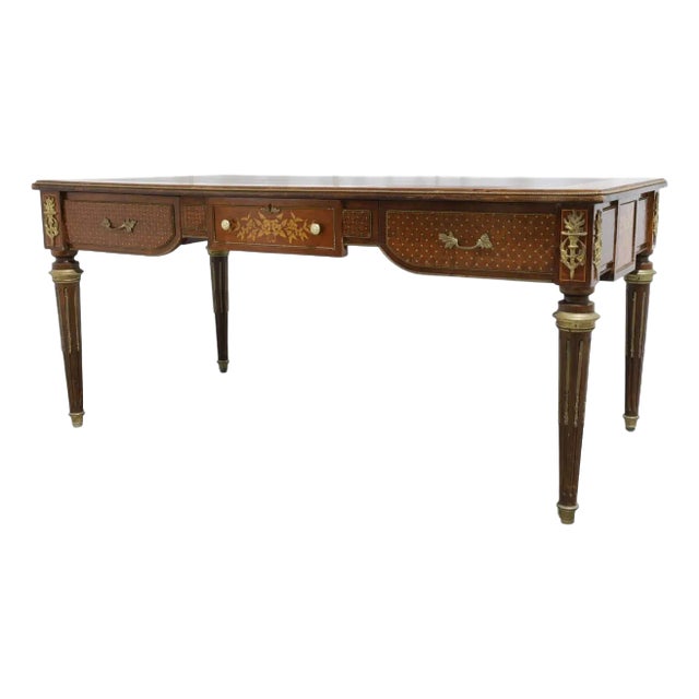 Fine French Louis XVI Style Marquetry Executive Desk With Leather Top For Sale