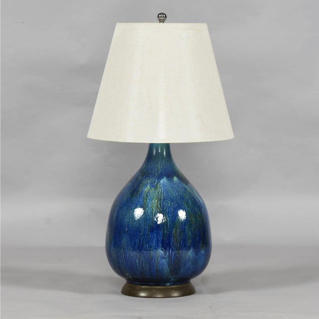 1960s 1960s Mid-Century Modern Italian Blue and Teal Drip Glaze Large Ceramic Table Lamp For Sale - Image 5 of 10