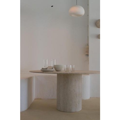 Round Top 140 Muted Beige Travertine Round Dining Table by Beije Avenue For Sale - Image 12 of 18