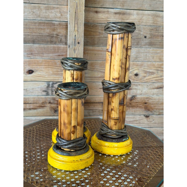 Set of Three Vintage Scorched Bamboo and Rattan Wrapped Candlesticks For Sale In Naples, FL - Image 6 of 12