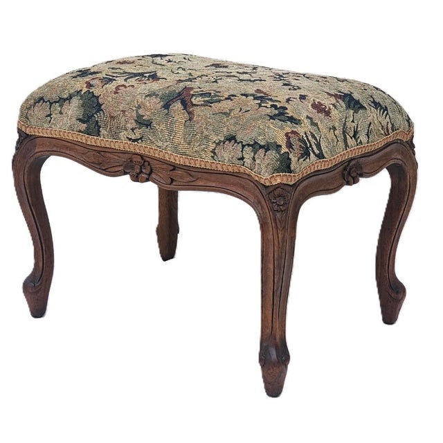 Antique French Walnut Ottoman Footstool W/ Floral Carving & Cabriole Legs 1910s For Sale - Image 9 of 16