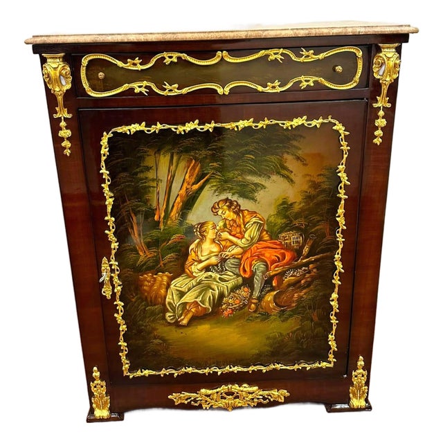 French Louis XVI Marble Top Accent Cabinet With Romantic Courting Scene, Hand-Finished Gold Leaf & Fine Hardwood Construction For Sale