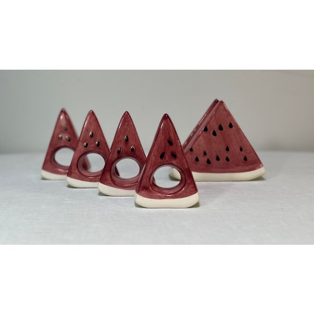 Red 1980’s Trompe-l'Oeil Ceramic Watermelon Wedge Napkin Rings and Holder- Set of 5 For Sale - Image 8 of 9