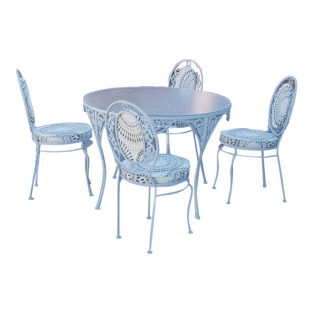 Ornate Wrought Iron Patio Table With Frosted Glass Top & 4 Chairs For Sale