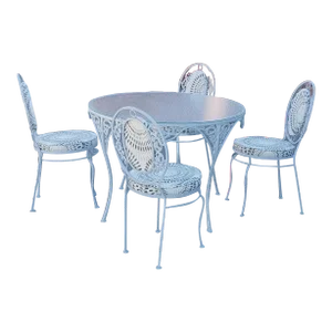 Ornate Wrought Iron Patio Table With Frosted Glass Top & 4 Chairs