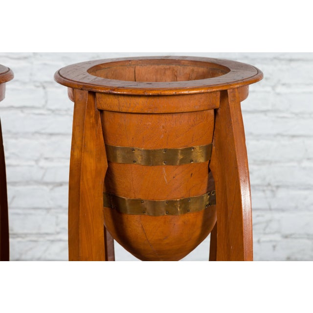 Mid 20th Century Javanese Art Deco Style Teak Wood & Brass Brace Plant Stands - A Pair For Sale - Image 4 of 13