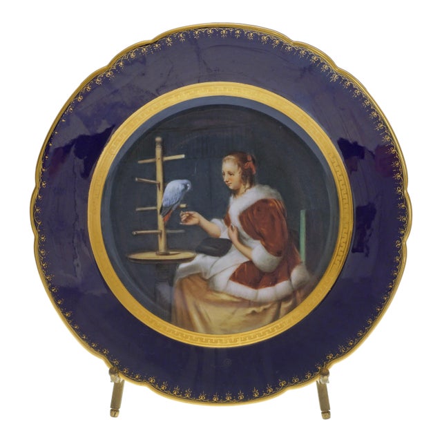 Parrot Cabinet Plate Vienna Style Hand-Painted Porcelain Thallmaier Mark Cobalt Blue Gilt For Sale