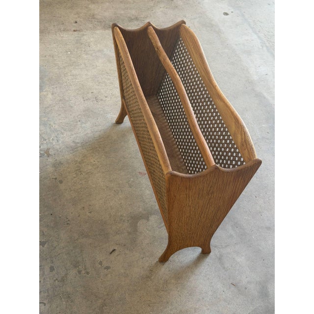 Vintage Danish Modern Oak & Cane Magazine Rack Newspaper Holder For Sale - Image 9 of 9