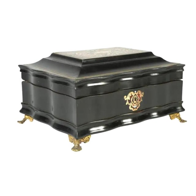 Beautiful 19th Century French Empire ebonized black and Boulle Sewing Scent Necessaire Box with bronze appliquès and paw...