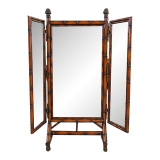 Theodore Alexander Faux Bamboo Three Way Tri-Fold Dressing Mirror For Sale