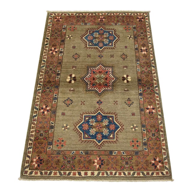 Kazak Rug 3’1” X 4’9” Gray Wool Tribal Hand-Knotted Oriental Carpet For Sale
