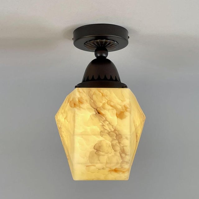 1920s Art Deco Marbled Opaline Glass and Burnished Brass Flush Mount, Germany, 1920s For Sale - Image 5 of 18
