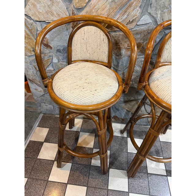 Set of 4 Vintage Boho Coastal Rattan Swivel Bar Stools For Sale - Image 4 of 10