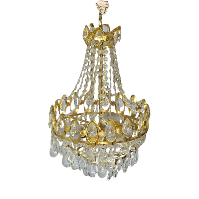 Mid-Century Modern Gilded Brass Crown Chandelier with Faceted Crystal Teardrop Crystals in the style of Palwa, Germany, 1960-1970 For Sale