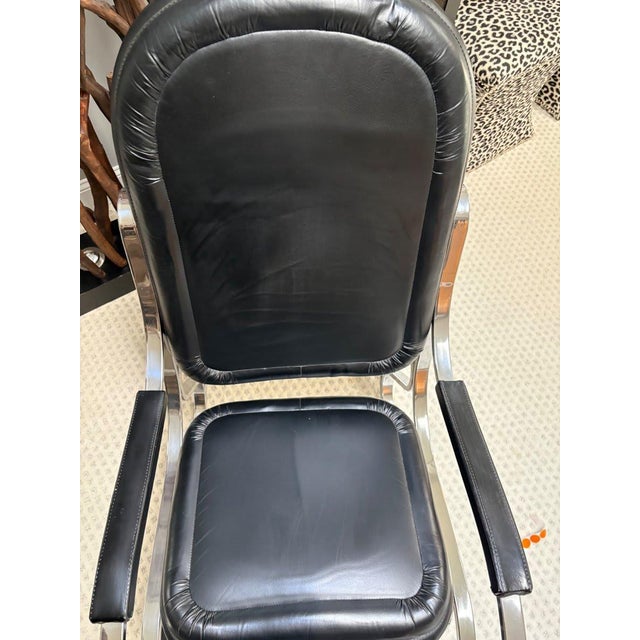 1970s Hollywood Regency Chrome & Black Leather Scroll Rocking Chair, Manner of Maison Jansen For Sale - Image 4 of 7
