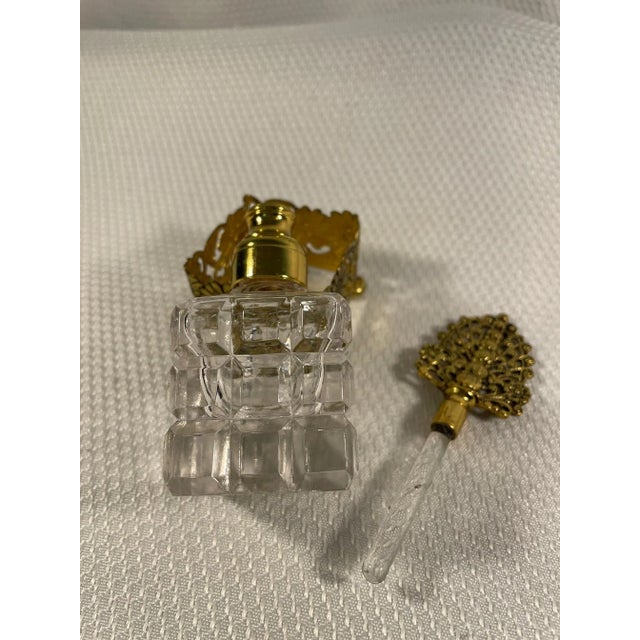 Gold Vintage French Style Cut Crystal Perfume Bottle in Stand For Sale - Image 8 of 11