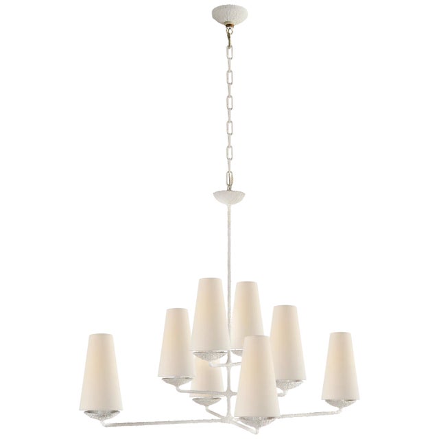 AERIN for Visual Comfort Signature Fontaine Large Offset Chandelier in Plaster White with Linen Shades For Sale