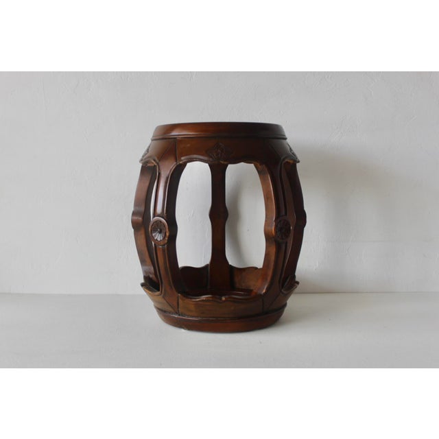 1980s Asian Carved Wood Barrel Stool Plant Stand With Inset Granite Top Vintage For Sale In Miami - Image 6 of 18