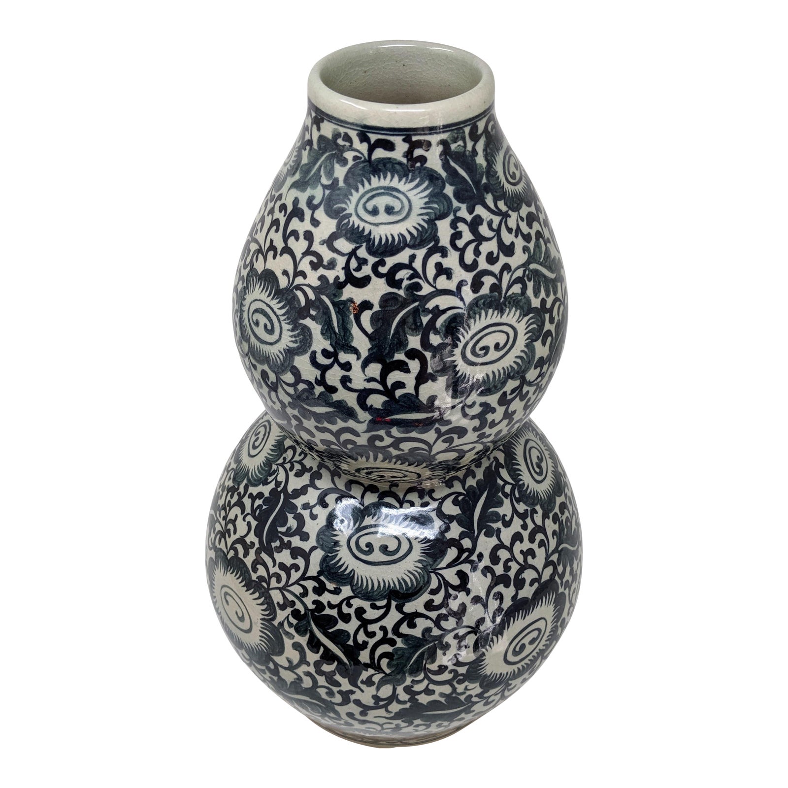 Thai Hand Painted Navy And Cream Vase Chairish