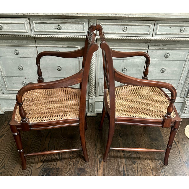 Pair of Regency Style Mahogany Armchairs With Blue and White Chinoiserie Cushions For Sale - Image 9 of 11