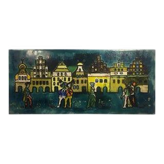 1970s Remarkable and Enameled Modern Plaque With Renaissance Scene For Sale