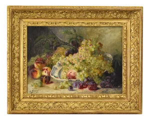 Léon Marie Benoit, Still Life with Fruit, Peaches and White Grapes, Oil on Canvas, 19th Century