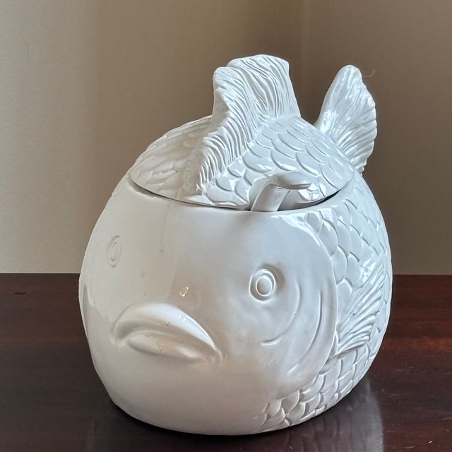 Ivory Vintage Hand Painted Ceramic Fish Tureen & Ladel For Sale - Image 8 of 16