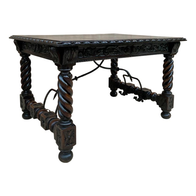 Late 19th Century Spanish Baroque Table with Dark Walnut Solomonic Legs with Carved Structure and For Sale