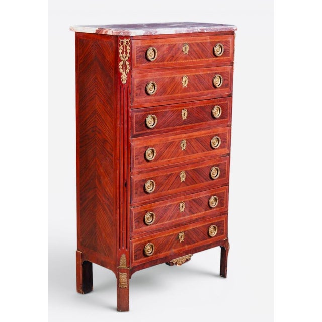 Pair of 19th Century French Louis XVI Gilt-Bronze & Parquetry Marble-Top Semainiers For Sale - Image 4 of 11