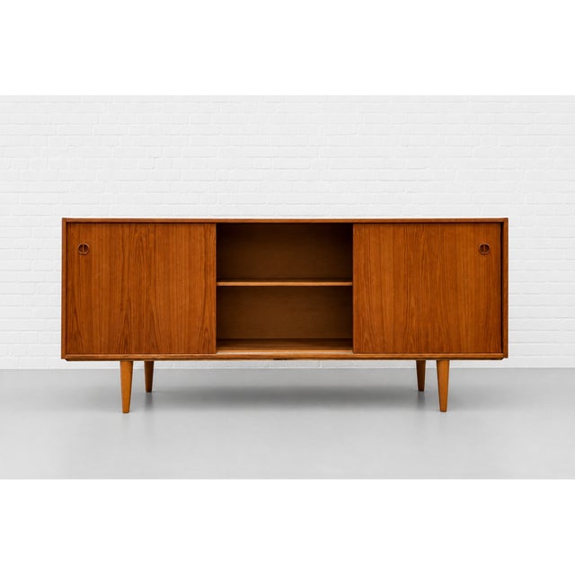 Long Mid Century Modern Teak Credenza | Danish Sliding Door Sideboard, C. 1960's For Sale - Image 4 of 13