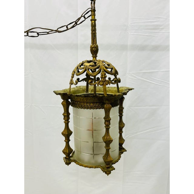 Empire Dore Lantern Chandelier, Frosted Etched Glass, 19th Century, Solid Bronze For Sale - Image 9 of 13