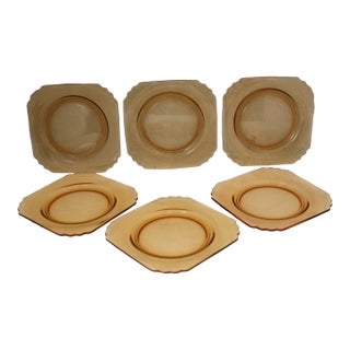 Early 20th Century Art Deco Fostoria Mayfair Octagonal Amber Depression Glass Plates- Set of 6 For Sale