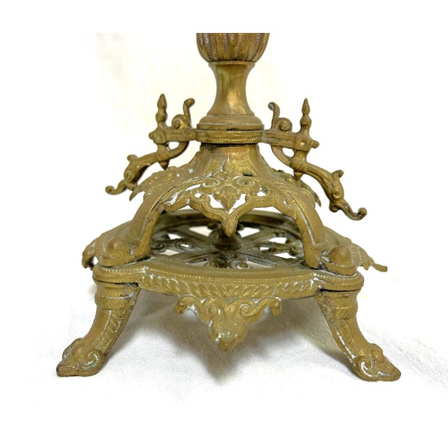 Antique Regency Heavy Brass With Red Enamel 5-Arm Candelabra With Griffin Accents- a Pair For Sale In West Palm - Image 6 of 13