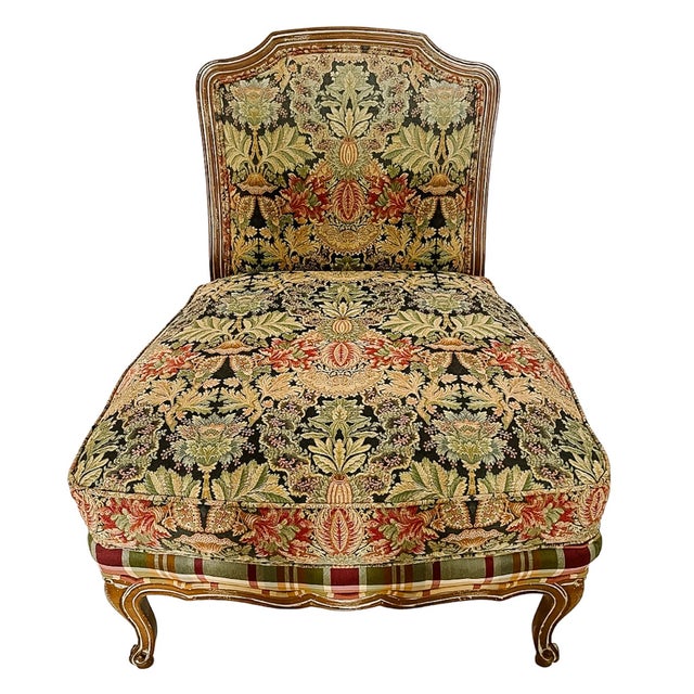 French Late 20th Century Louis XV Style Oversized Tapestry & Plaid Slipper Chairs by Wesley Hall - A Pair For Sale - Image 3 of 11