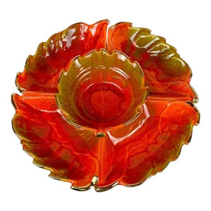 Mid-Century California Pottery Fall Foliage Orange Chip & Dip Serving Set