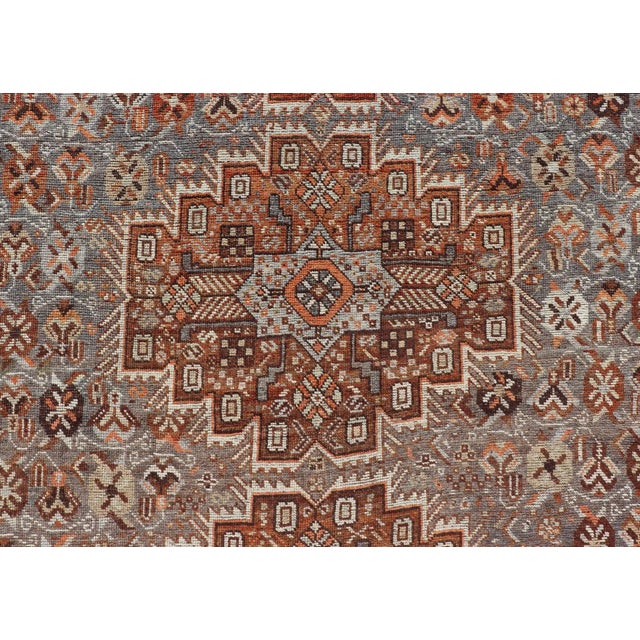 Blue Early 20th Century Geometric Persian Shiraz Rug With Tri-Medallion Design in Shades Orange Blue For Sale - Image 8 of 13
