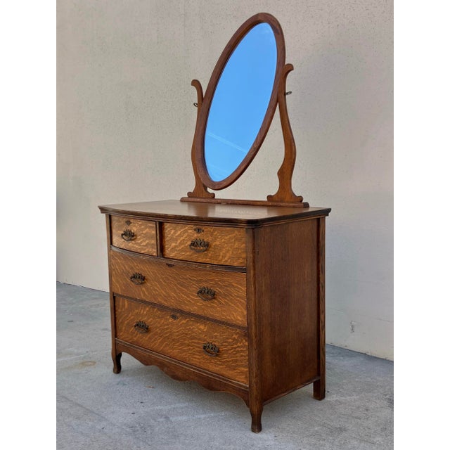 Victorian Antique Tiger Oak Four Drawer Dresser W/ Mirror For Sale - Image 3 of 7