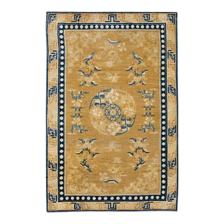 1800s Yellow Gold Medallion Antique Chinese Ningxia Carpet 4'10" X 6'10" Knotted Pile Wool Rug For Sale